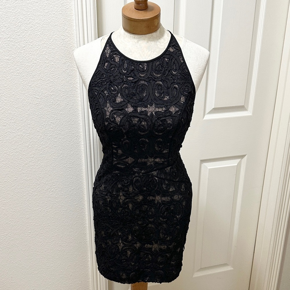 BCBGMaxAzria Tenya Black Lace Mini Halter Dress w/Sheer Back, Nude Lining - 4
